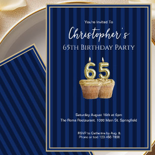 Convite de Aniversário de 65 Anos Único Azul Doura
