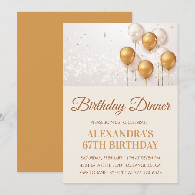 Convite de aniversário de 67 anos dourado Jantar d (Frente/Verso)