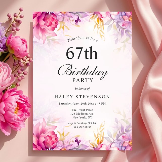 Convite de Aniversário de 67 Anos Rosa Menina Chic (Criador carregado)