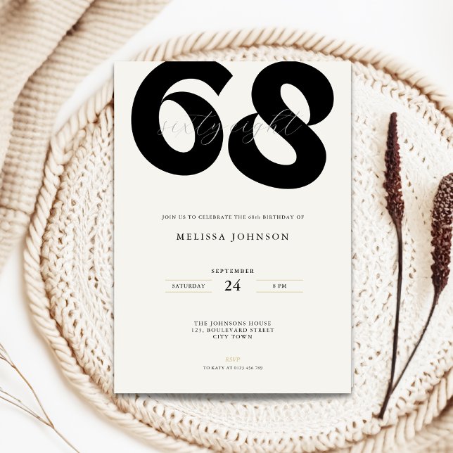 Convite de Aniversário de 68 anos Minimalista - Ti (Minimal 68th birthday invitation with bold typography for man and woman in black and white)