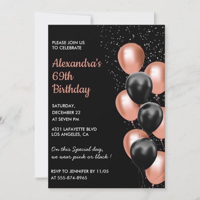 Convite de aniversário de 69 anos Black Rose gold  (Frente)