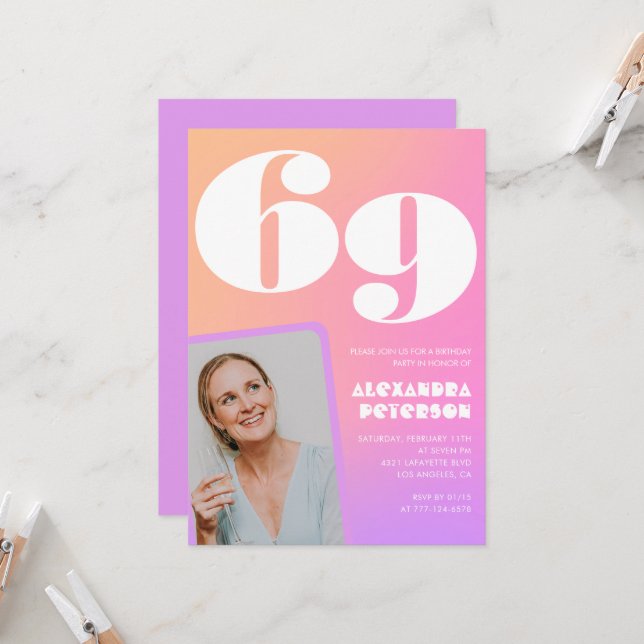 Convite de aniversário de 69 anos com gradiente ro (Frente/Verso In Situ)