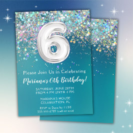 Convite de Aniversário de 6 anos Brilho Teal Prata