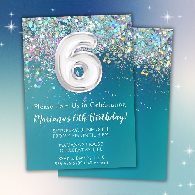 Convite de Aniversário de 6 anos Brilho Teal Prata (Criador carregado)