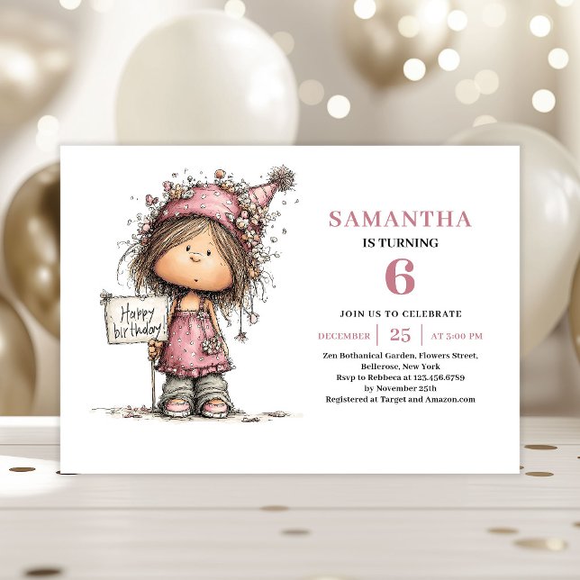 Convite de Aniversário de 6 anos Caprichoso Design (Whimsical 6th Birthday Invite Girl Pink Design)