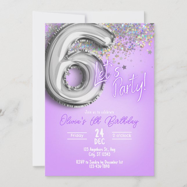 Convite de Aniversário de 6 anos com Brilho Roxo (Frente)