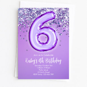 Convite de Aniversário de 6 anos com Brilho Roxo