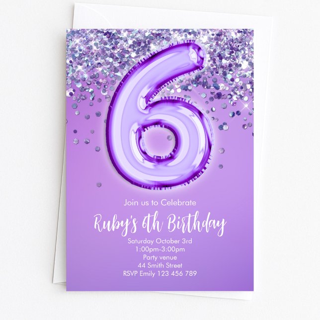 Convite de Aniversário de 6 anos com Brilho Roxo (Criador carregado)