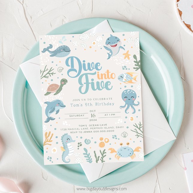 Convite de Aniversário de 6 anos com Tema Oceano.  (Under the Sea - Boy 5th Birthday Invitation)