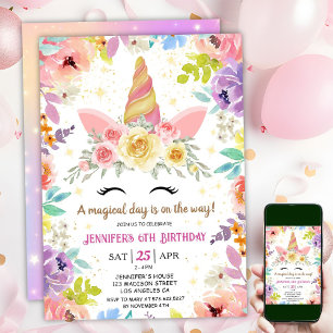 Convite de Aniversário de 6 anos do Unicórnio Flor