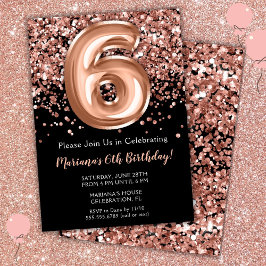 Convite de Aniversário de 6 anos Preto Rosa Dourad