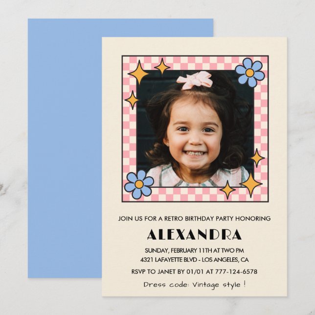 convite de aniversário de 6 anos Retro Groovy Flor (Frente/Verso)