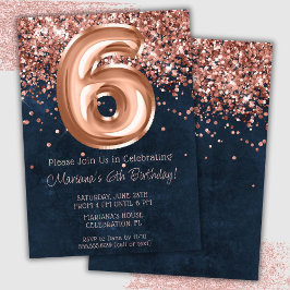 Convite de Aniversário de 6 Anos Rose Gold Azul Ma