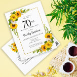 Convite de aniversário de 70<br><div class="desc">Bonito convite para o 70 de aniversário floral de girassol amarelo. Peônias amarelas e margaridas brancas se misturam com os girassóis. Um quadro retangular de ouro lhe dá uma vibração elegante. Muito fácil de personalizar. As costas têm um buquê de girassol. Isto é perfeito para uma celebração de aniversário de...</div>