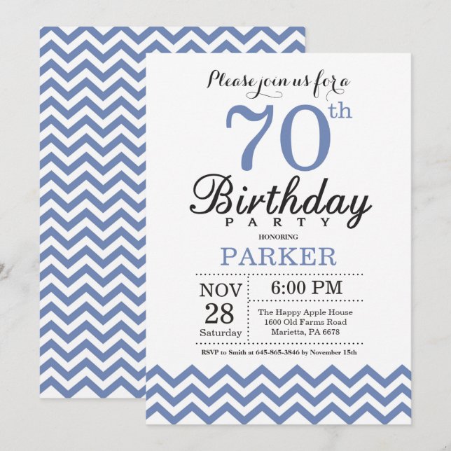 Convite de Aniversário de 70 anos Azul Chevron (Frente/Verso)