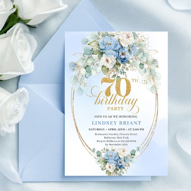 Convite de Aniversário de 70 anos Classic Blue Flo (Classic Blue Floral Eucalyptus 70th Birthday Invitation

)