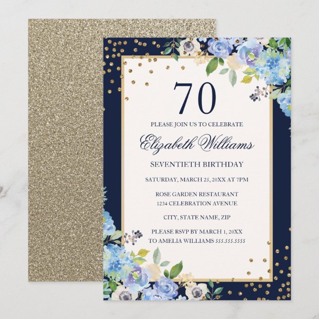 Convite de Aniversário de 70 anos com Brilho Flora (Frente/Verso)