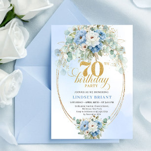 Convite de Aniversário de 70 anos com Floral Azul