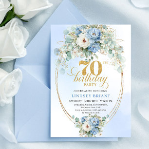Convite de Aniversário de 70 anos com Flores Azuis