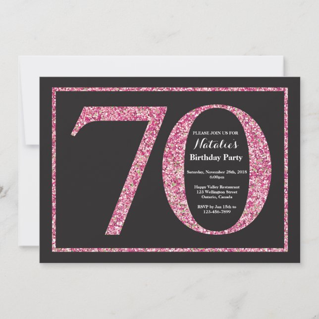 Convite de Aniversário de 70 anos com Glitter Rosa (Frente)