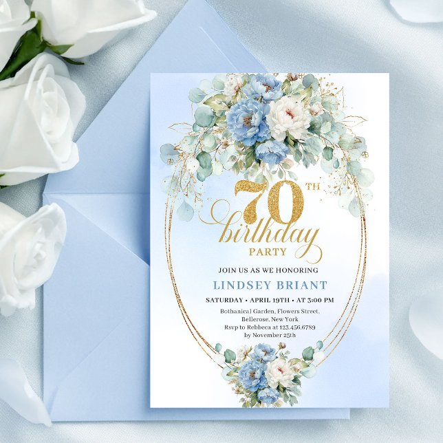 Convite de Aniversário de 70 anos com Peônias em A (Modern Bohemian Dusty Blue Peonies 70th Birthday)