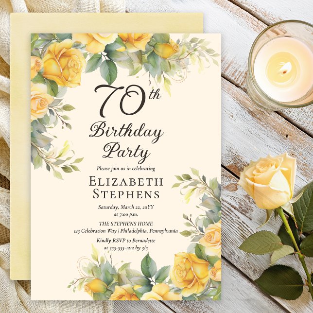Convite de Aniversário de 70 Anos com Rosa Amarela (Elegant yellow rose 70th birthday invitation with soft greenery and warm cream background)
