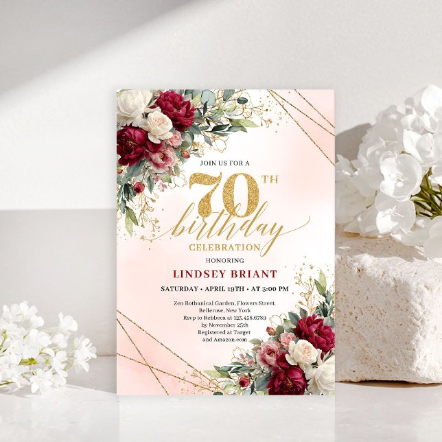 Convite de Aniversário de 70 anos em Dourado Flora (Classic Floral Gold 70th Birthday Party Invitation)