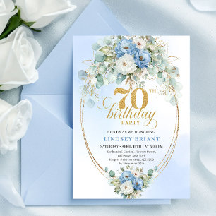 Convite de Aniversário de 70 anos Floral Azul Dour
