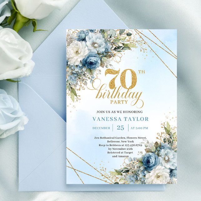 Convite de Aniversário de 70 anos Floral Clássico (Classic Floral 70th Birthday Party Invitation)