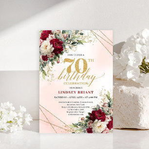 Convite de Aniversário de 70 anos Floral Dourado C