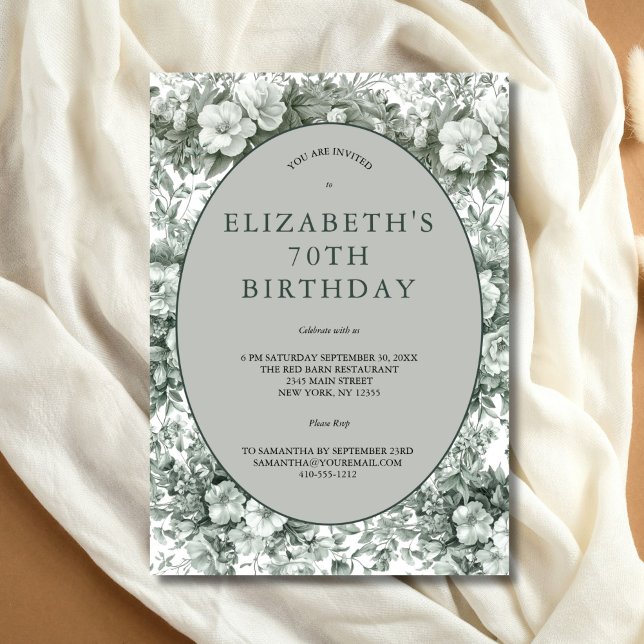 Convite de Aniversário de 70 Anos Floral Toile Ver (Elegant Green Toile Floral 70th Birthday party invitation. Printed or Instant digital download)
