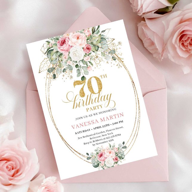 Convite de Aniversário de 70 anos Imprimível Rosa  (Pastel Pink Printable 70th Birthday Invitation)