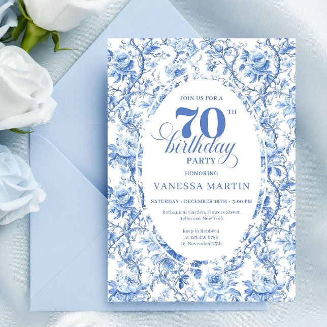 Convite de Aniversário de 70 anos Navy Roses Flora (Navy Roses Floral Elegant 70th Birthday Invitation)