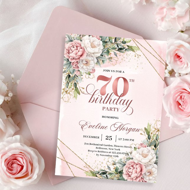 Convite de Aniversário de 70 anos Premium Rose Gol (Premium Rose Gold Boho Floral 70th Birthday Invitation)