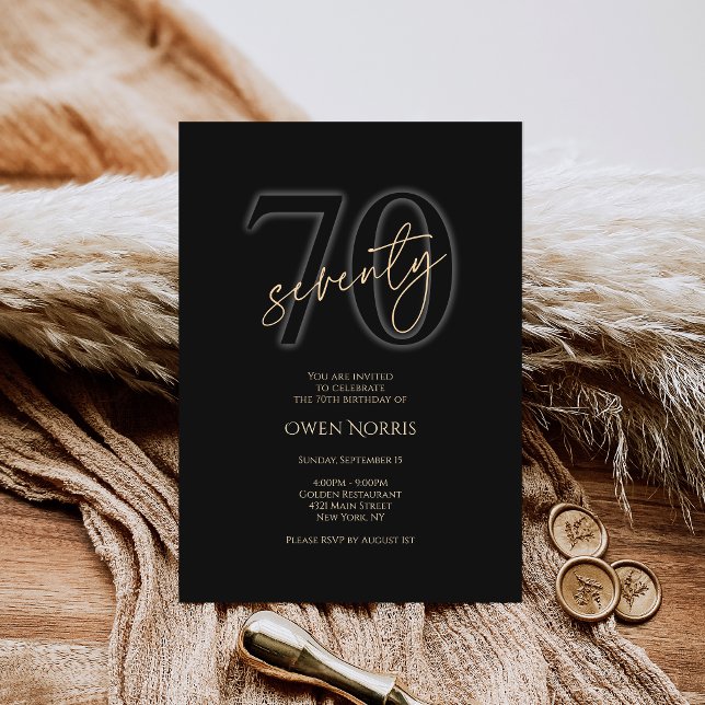 Convite de Aniversário de 70 Anos Preto Dourado Mo (Modern Black Gold 70th Birthday Invitation Card)