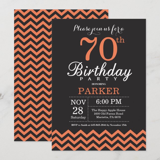 Convite de Aniversário de 70 anos Preto e Chevron  (Frente/Verso)