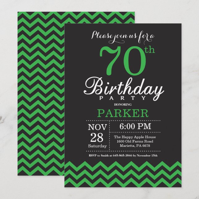 Convite de Aniversário de 70 anos Preto e Chevron  (Frente/Verso)