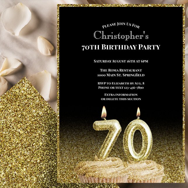 Convite de Aniversário de 70 anos Preto e Dourado  (Criador carregado)