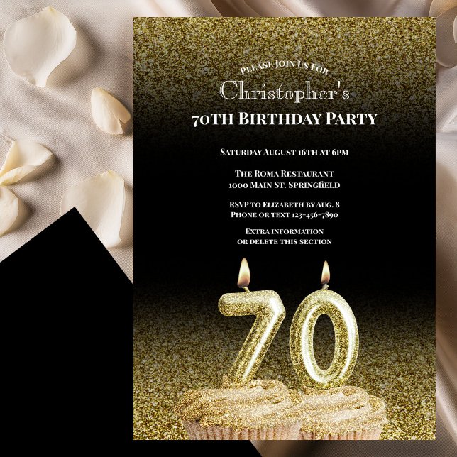 Convite de Aniversário de 70 anos Preto e Dourado  (Criador carregado)