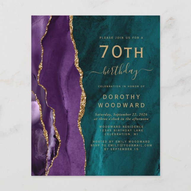Convite de Aniversário de 70 anos Roxo Dourado Ága (Frente)