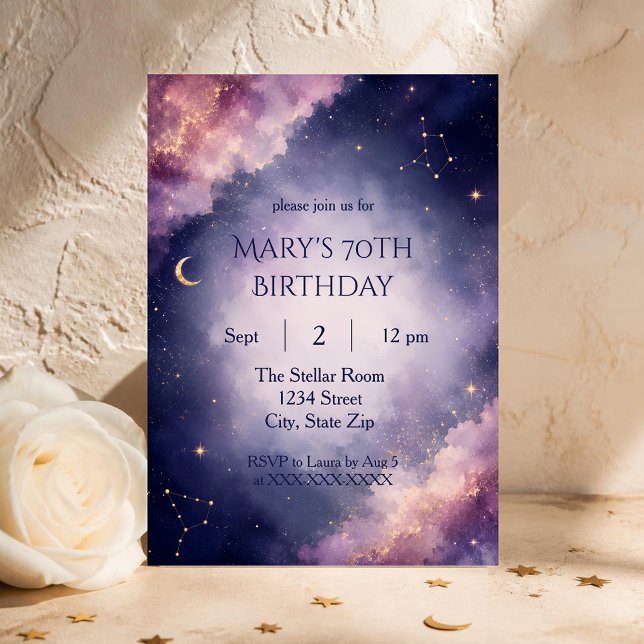Convite de Aniversário de 70 anos Sofisticado | Ce (Elegant galaxy invitation created for unforgettable 70th birthday celebrations with timeless appeal.)