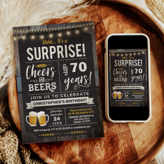 Convite de Aniversário de 70 anos Surpresa de Apla (Surprise Cheers and Beers 70th Birthday Invitation
)