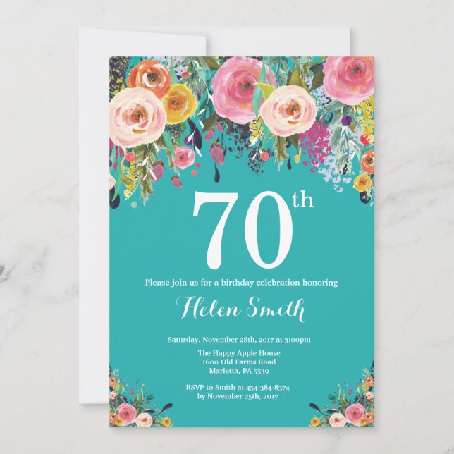 Convite de Aniversário de 70 anos Teal Floral (Frente)