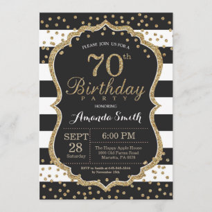 Convite de Aniversário de 70. Brilho preto e Dour
