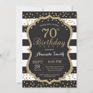 Convite de Aniversário de 70. Brilho preto e Dour