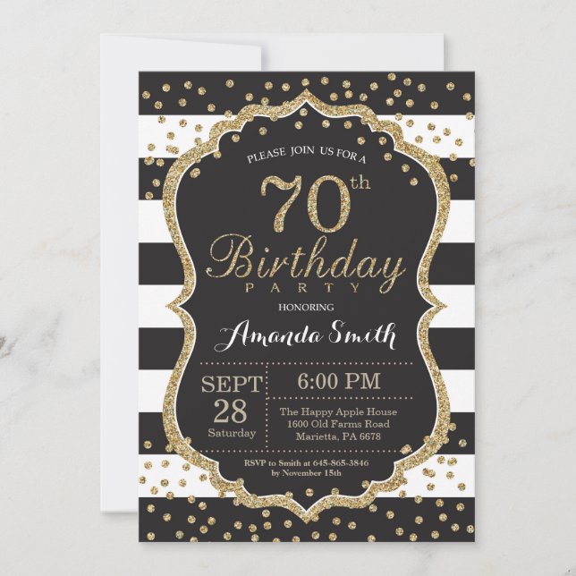 Convite de Aniversário de 70. Brilho preto e Doura (Frente)