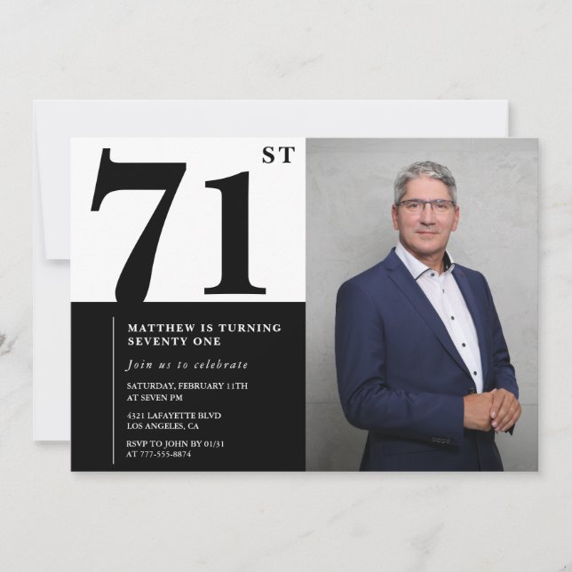 Convite de Aniversário de 71 anos Preto e Branco c (Frente)