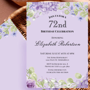 Convite de Aniversário de 72 Anos Floral Roxo Eleg