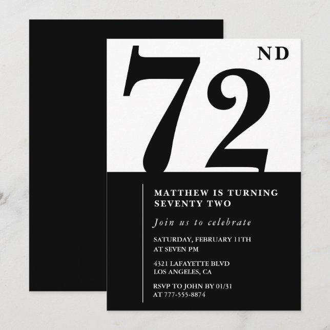 Convite de aniversário de 72 anos Preto e Branco C (Frente/Verso)