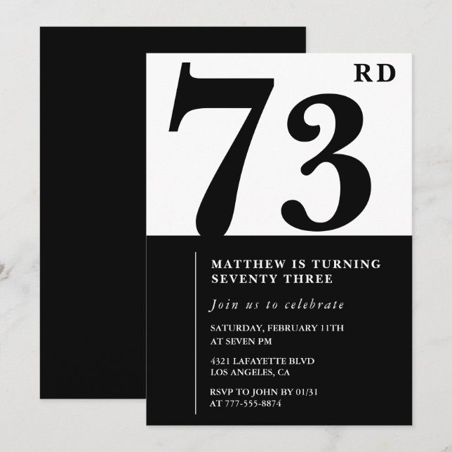 Convite de aniversário de 73 anos preto e branco C (Frente/Verso)